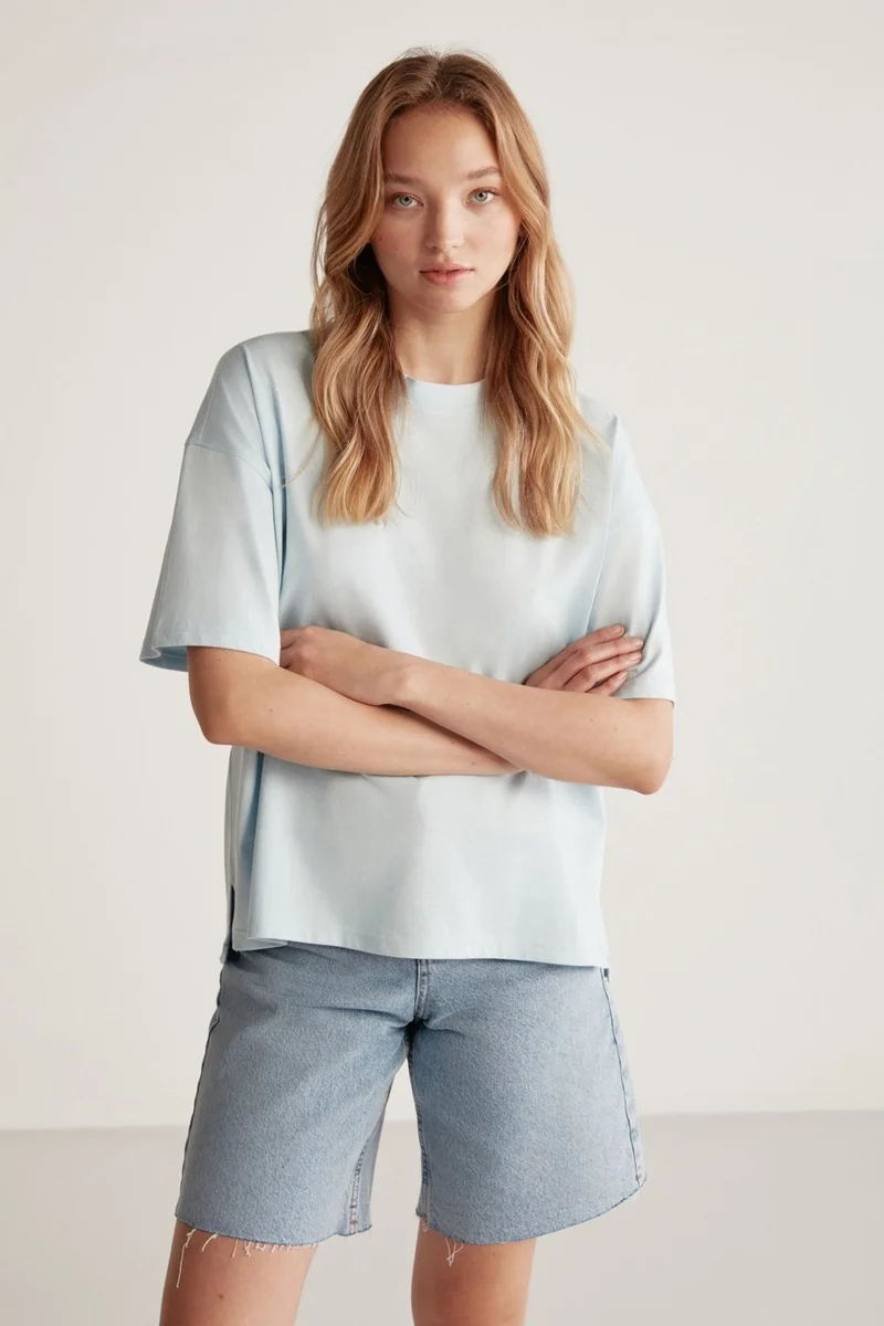 GRIMELANGE Jemmy Women's Basic Jersey Woven Relaxed 100% Organic Cotton Light Blue T-shirt