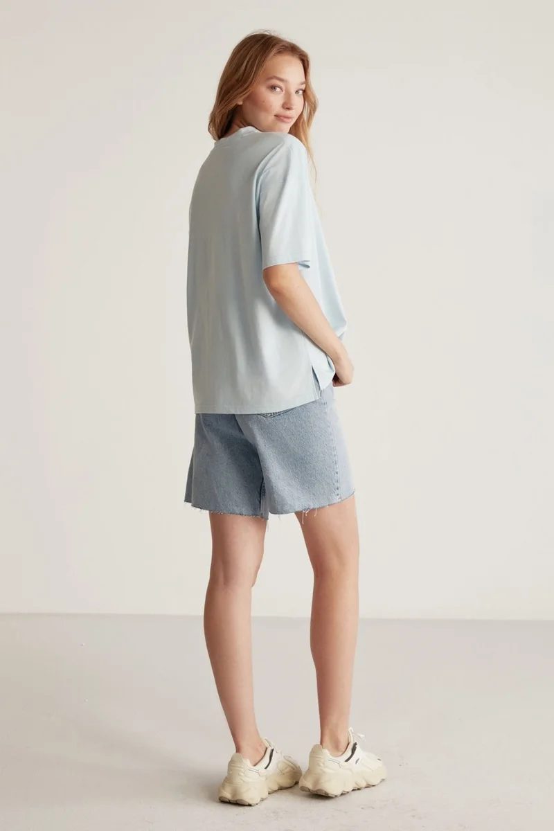 GRIMELANGE Jemmy Women's Basic Jersey Woven Relaxed 100% Organic Cotton Light Blue T-shirt