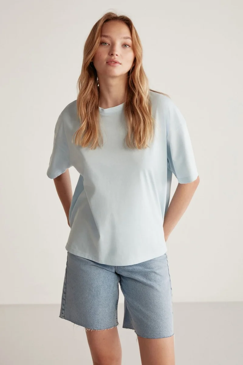 GRIMELANGE Jemmy Women's Basic Jersey Woven Relaxed 100% Organic Cotton Light Blue T-shirt