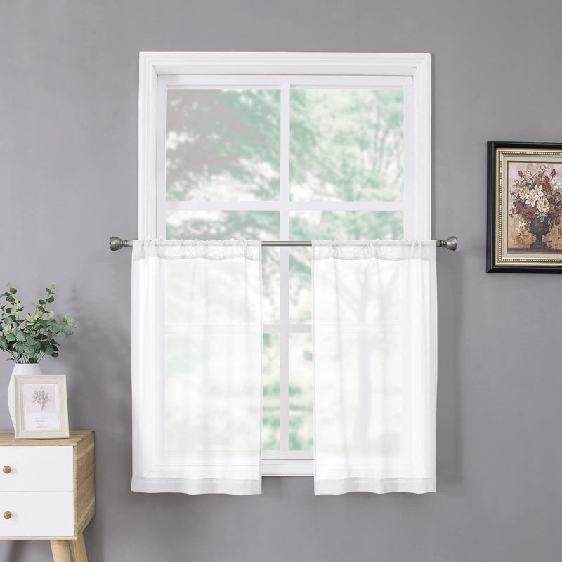 Tollpiz Tollpiz Short Sheer Tier Curtains Linen Textured Half Kitchen Curtain Sheers Light Filtering Rod Pocket Voile Small Curtain for Bathroom 25 x 24 inches Long White Set of 2 Panels