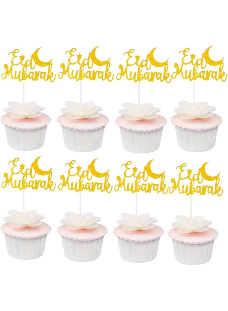 8pcs Eid Mubarak Cupcake Toppers, Gold Glitter Baking Decorating Muffins Desserts Sweets Fruits Iftar Party Supplies Table Setting - Image 1
