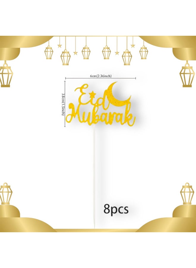 8pcs Eid Mubarak Cupcake Toppers, Gold Glitter Baking Decorating Muffins Desserts Sweets Fruits Iftar Party Supplies Table Setting - Image 3