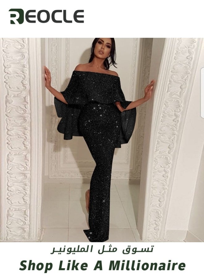 REOCLE - Women's Off Shoulder Sequined Dress Party Cocktail Evening Prom Gown Mermaid Maxi Long Dress Bodycon Mermaid Cape Dress - Image 1