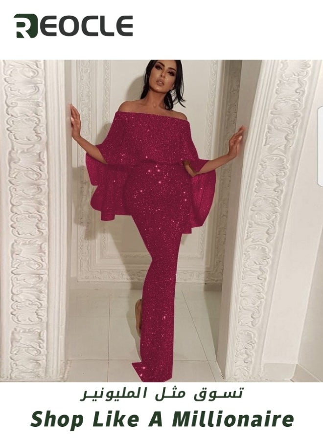 REOCLE - Women's Off Shoulder Sequined Dress Party Cocktail Evening Prom Gown Mermaid Maxi Long Dress Bodycon Mermaid Cape Dress - Image 1