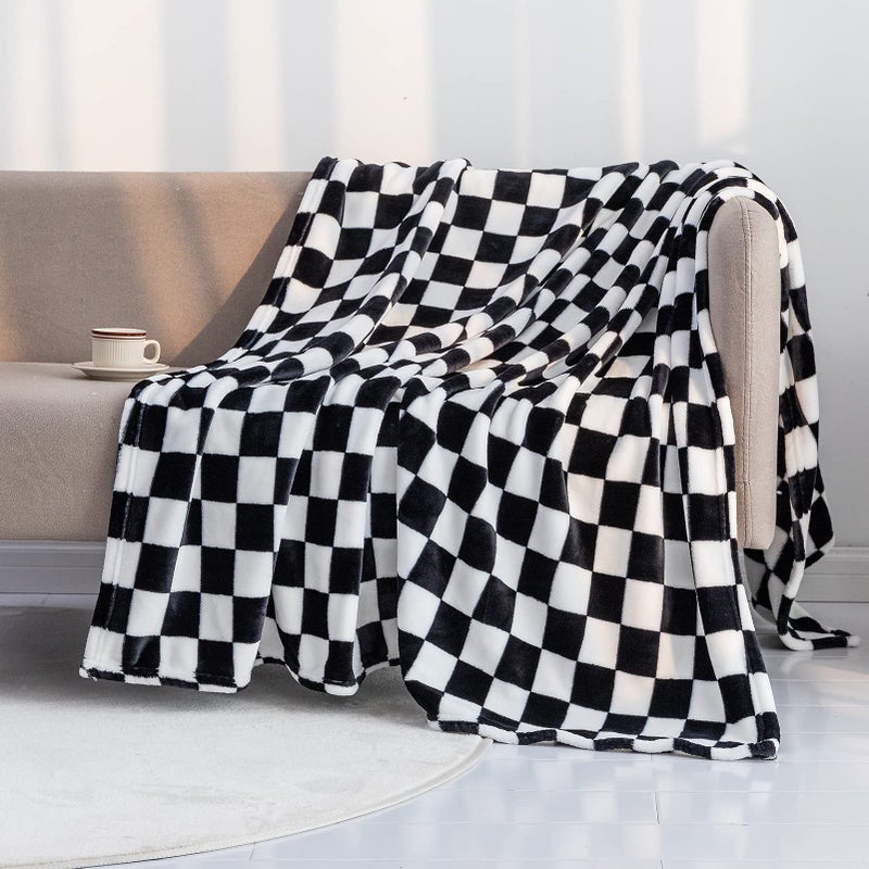 LOMAO LOMAO Throw Blankets Flannel Blanket with Checkerboard Grid Pattern Soft Throw Blanket for Couch  Bed  Sofa Luxurious Warm and Cozy for All Seasons (Black  60 ""x80 "")  - Image 1