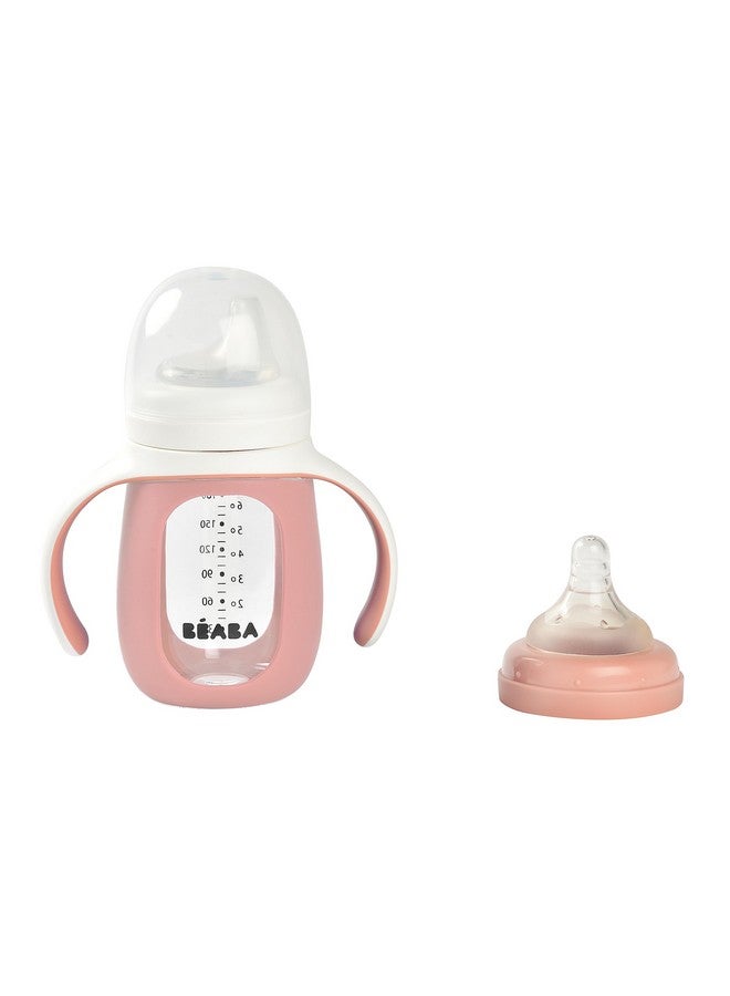 BEABA 2-in-1 Glass Baby Bottle to Glass Transition Sippy Cup, Spill Proof Sippy Cup, Toddler Baby Bottle with Soft Silicone Nipple and Spout, 7 oz (Rose) - Image 2
