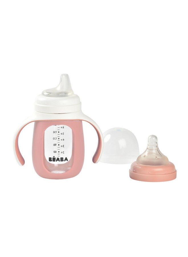 BEABA 2-in-1 Glass Baby Bottle to Glass Transition Sippy Cup, Spill Proof Sippy Cup, Toddler Baby Bottle with Soft Silicone Nipple and Spout, 7 oz (Rose) - Image 1