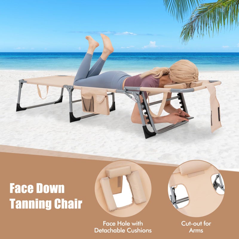 Goplus Tanning Chair, Folding Adjustable Patio Lounge Chair with Face Hole, Removable Pillow, 330LBS, Carry Strap, Outdoor Sunbathing Chair, Lightweight Portable Beach Lounge Chair (1, Beige) - Image 3