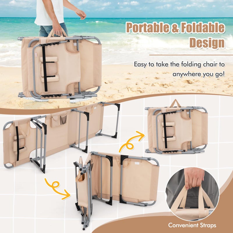 Goplus Tanning Chair, Folding Adjustable Patio Lounge Chair with Face Hole, Removable Pillow, 330LBS, Carry Strap, Outdoor Sunbathing Chair, Lightweight Portable Beach Lounge Chair (1, Beige) - Image 5