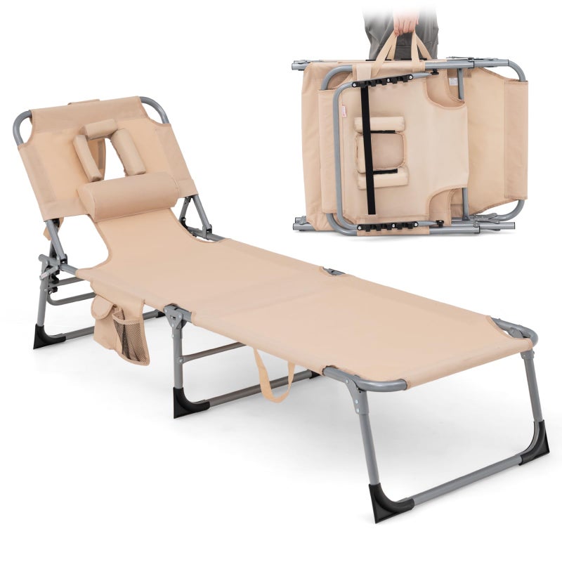 Goplus Tanning Chair, Folding Adjustable Patio Lounge Chair with Face Hole, Removable Pillow, 330LBS, Carry Strap, Outdoor Sunbathing Chair, Lightweight Portable Beach Lounge Chair (1, Beige) - Image 1