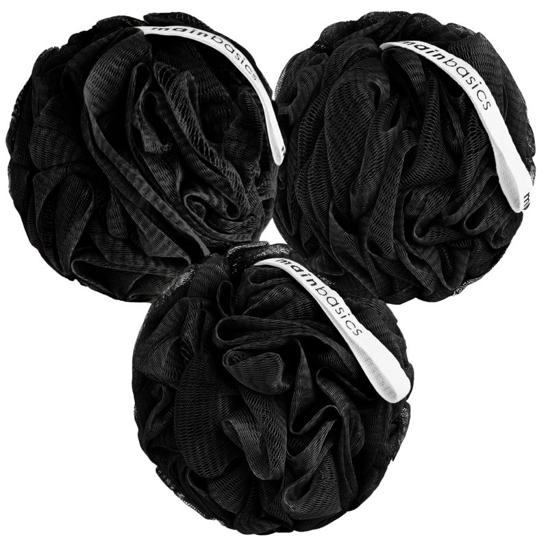 MainBasics Bath Shower Loofah Sponge Pouf Body Scrubber Exfoliator Body Wash Sponge Set of 3 Triple Black