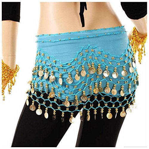 VRITRAZ Women's Chiffon Belly Dance Hip Scarf Waistband Belt Skirt with128 Ringy Golden Coins 128 (Color-Blue) - Image 5