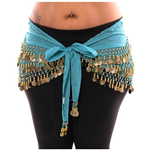 VRITRAZ Women's Chiffon Belly Dance Hip Scarf Waistband Belt Skirt with128 Ringy Golden Coins 128 (Color-Blue) - Image 3