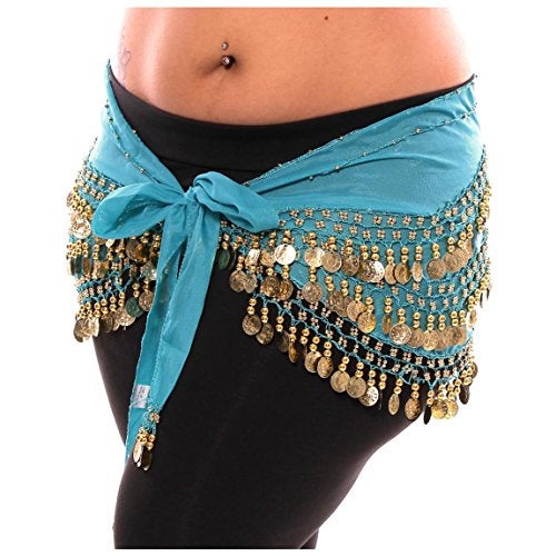 VRITRAZ Women's Chiffon Belly Dance Hip Scarf Waistband Belt Skirt with128 Ringy Golden Coins 128 (Color-Blue) - Image 1