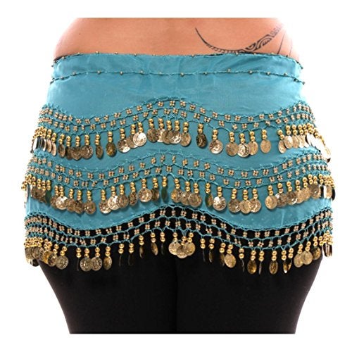 VRITRAZ Women's Chiffon Belly Dance Hip Scarf Waistband Belt Skirt with128 Ringy Golden Coins 128 (Color-Blue) - Image 2