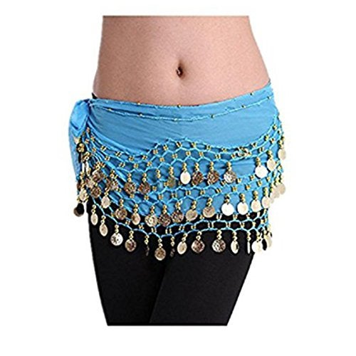 VRITRAZ Women's Chiffon Belly Dance Hip Scarf Waistband Belt Skirt with128 Ringy Golden Coins 128 (Color-Blue) - Image 4