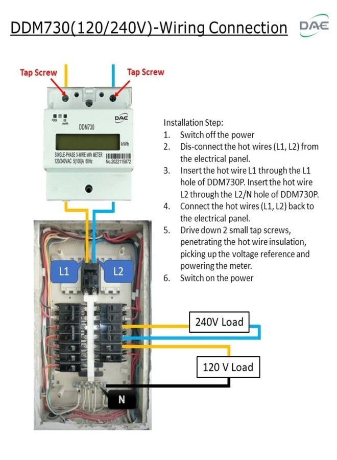 عداد DAE DDM730 120/240 فولت كيلووات ساعة، 100 أمبير، 1P3W (سلكان ساخنان، سلك محايد واحد)، محول تيار داخلي، 60 هرتز، تمرير - Image 4
