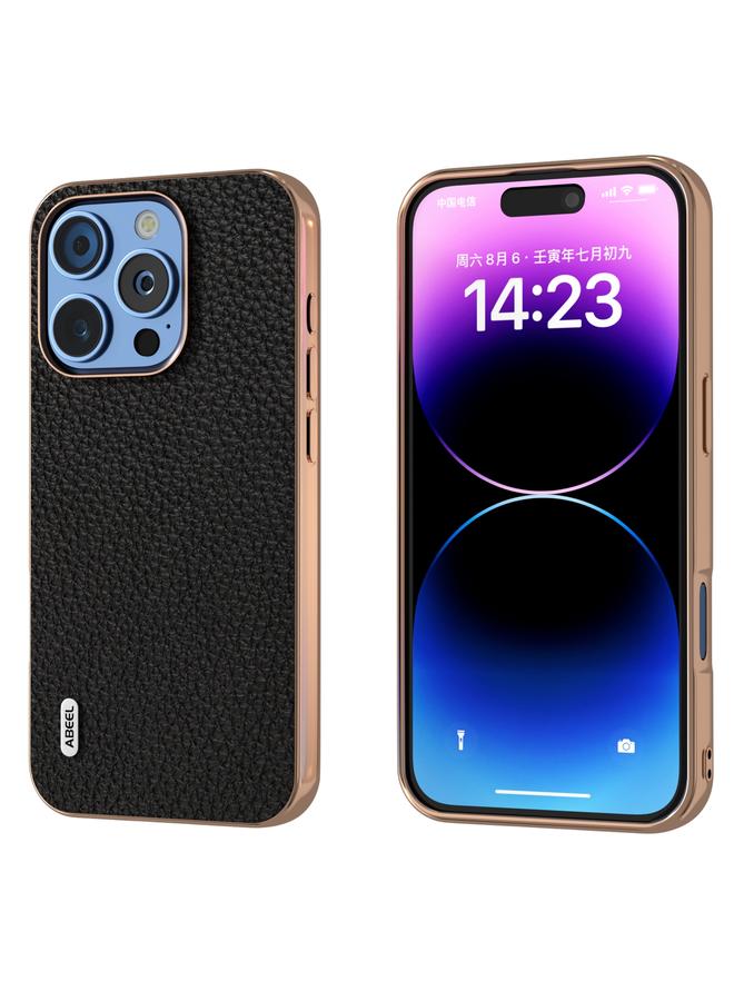 اس-توب جراب هاتف iPhone 16 Pro Max من ABEEL مصنوع من الجلد الطبيعي بإطار مطلي بالكهرباء وملمس الليتشي - Image 1