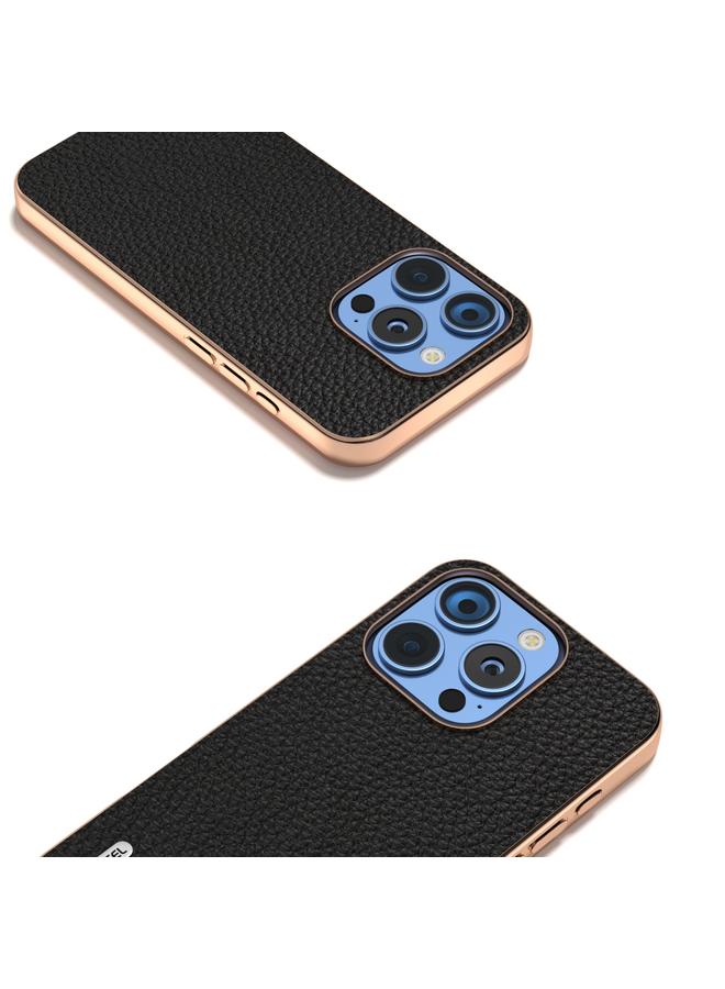 اس-توب جراب هاتف iPhone 16 Pro Max من ABEEL مصنوع من الجلد الطبيعي بإطار مطلي بالكهرباء وملمس الليتشي - Image 3