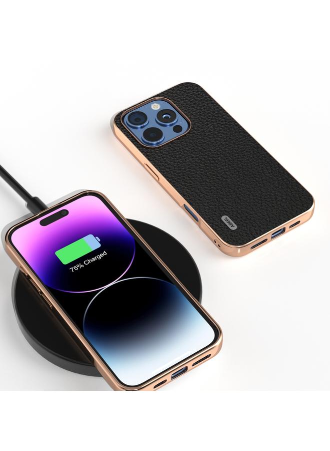 اس-توب جراب هاتف iPhone 16 Pro Max من ABEEL مصنوع من الجلد الطبيعي بإطار مطلي بالكهرباء وملمس الليتشي - Image 2