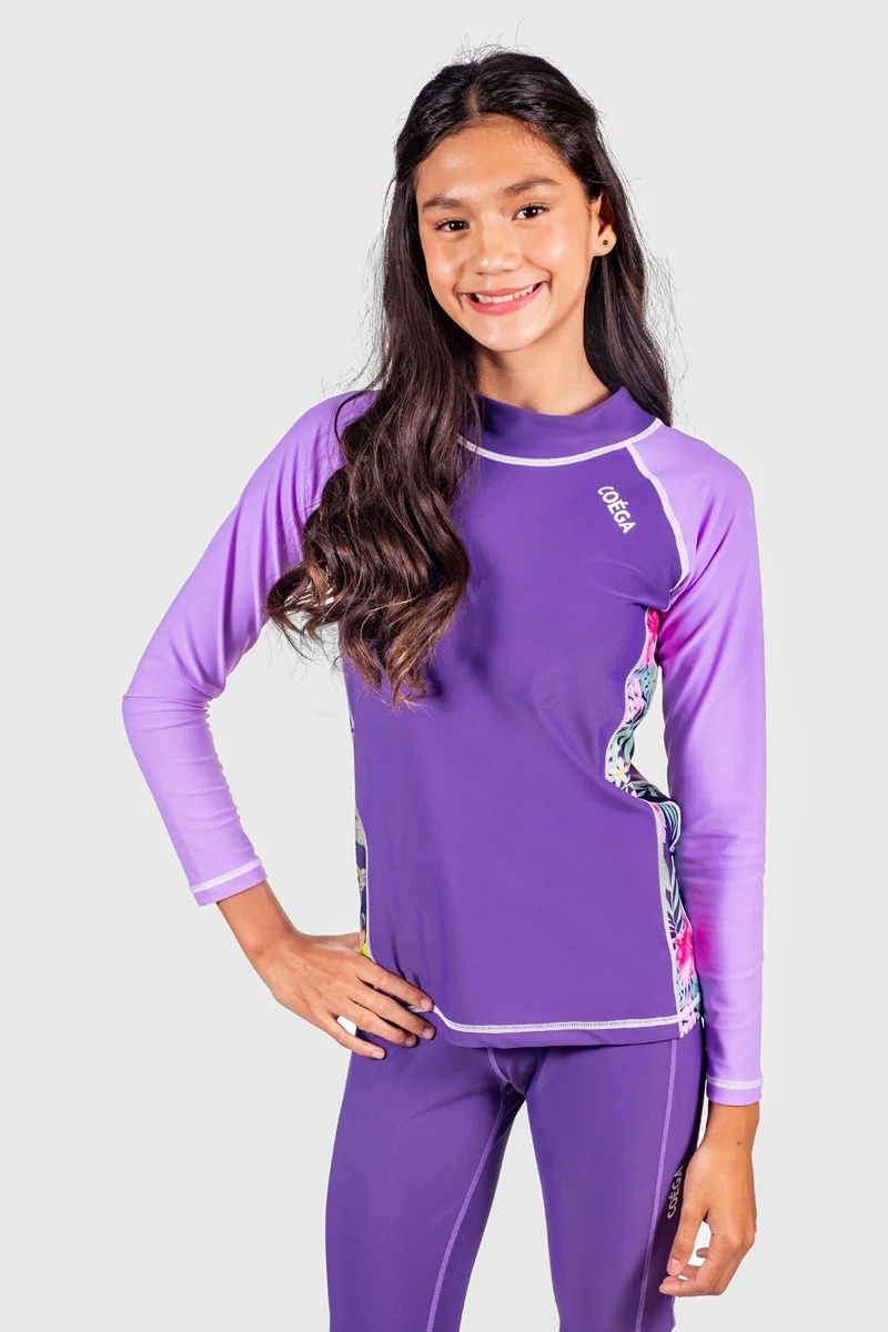COEGA Rashguard Long Sleeve-Regular Girls Sz10 - Purple Blue Tropical