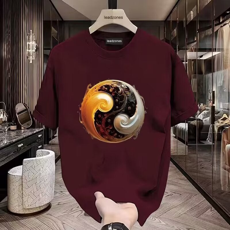 Summer National Fashion Round Neck Tai Chi T-shirt Men's Short-sleeved Fashion Brand Design Sense Printed Loose All-match Personality - Image 5