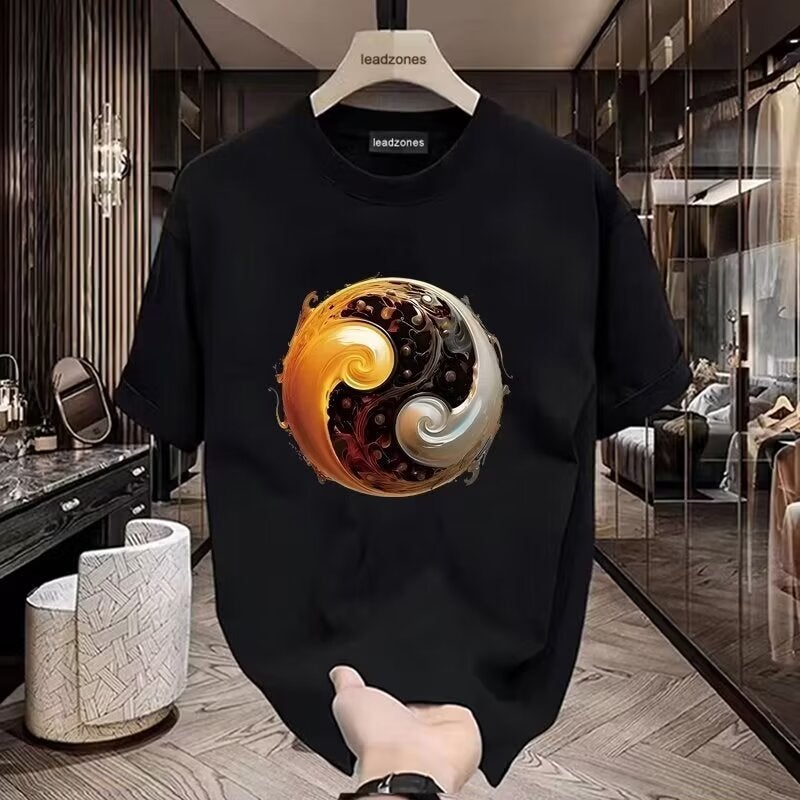 Summer National Fashion Round Neck Tai Chi T-shirt Men's Short-sleeved Fashion Brand Design Sense Printed Loose All-match Personality - Image 2