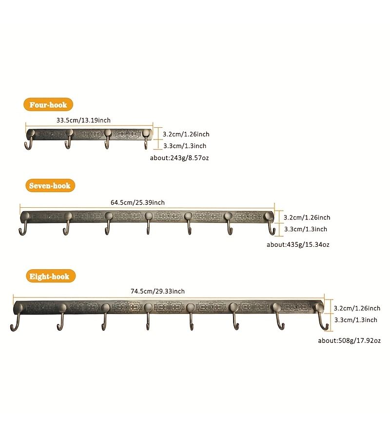 1pc Vintage Clothing Hook Antique Bronze Color 8 Hooks Chinese Style 304 Stainless Steel Heavy Duty Thickened Elongated Hanger Suitable for Bedroom Behind Door Kitchen Bathroom Entryway - Image 3