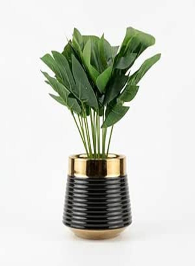 Artificial Plant Green Leaves in Ribbed Potted with Elegant Gold Accents, Indoor Shrubs for Home, Office, Shelves - Available in Black/White (Black)