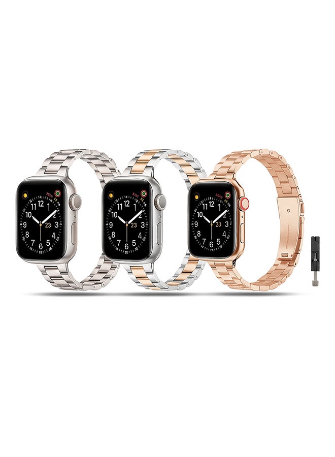 O Ozone (Pack of 3) Thin Metal Bands Compatible With Apple Watch Series 10 | 9 | 8 | 7 | 6 | SE | 5 | 4 | 3 | 2 |1, 38/40/41/42mm Premium Stainless Steel Metal Replacement Adjustable Straps for Women- Beige/Rose Gold/Silver-Rose Gold - Image 1