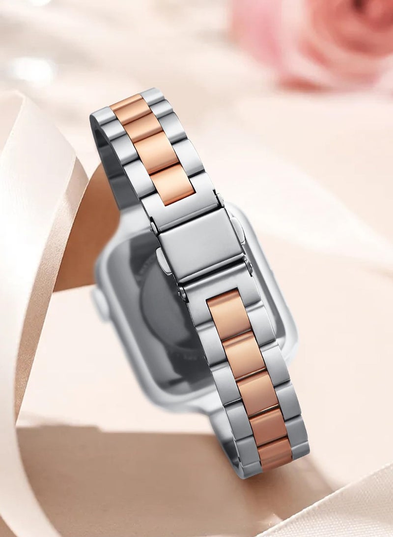 O Ozone (Pack of 3) Thin Metal Bands Compatible With Apple Watch Series 10 | 9 | 8 | 7 | 6 | SE | 5 | 4 | 3 | 2 |1, 38/40/41/42mm Premium Stainless Steel Metal Replacement Adjustable Straps for Women- Beige/Rose Gold/Silver-Rose Gold - Image 5