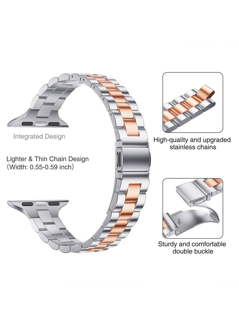 O Ozone (Pack of 3) Thin Metal Bands Compatible With Apple Watch Series 10 | 9 | 8 | 7 | 6 | SE | 5 | 4 | 3 | 2 |1, 38/40/41/42mm Premium Stainless Steel Metal Replacement Adjustable Straps for Women- Beige/Rose Gold/Silver-Rose Gold - Image 4