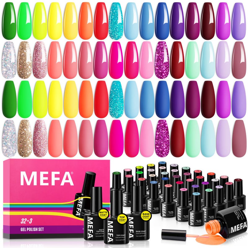 MEFA 35 Pcs Gel Nail Polish Set, 32 Colors Summer Neon Rainbow Bright Gel Nail Polish Yellow Hot Pink Nail Art Manicure DIY Decoration Beginners Salon Home Gift for Women - Image 1