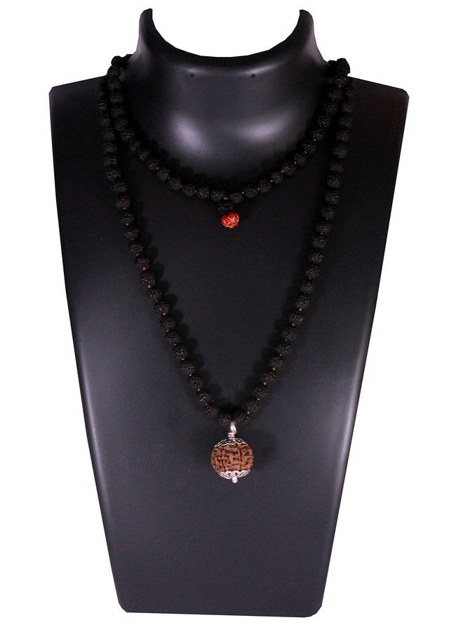 ShivaRatna ShivaRatna 3 Mukhi Nepali Rudraksha Guru Mani with 108+1 Beads of 5 Mukhi Black Rudraksha Mala (Pure Silver Cap + Lab Certified) - Image 1
