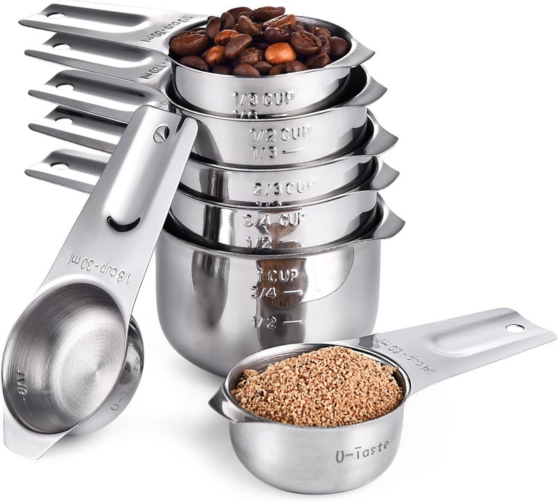 U-Taste 18/8 Stainless Steel Measuring Cups: U-Taste Metal Measure Cup Set of 7, Kitchen Utensils for Cooking Baking: 1/8 Cup, 1/4 Cup, 1/3 Cup, 1/2 Cup, 2/3 Cup, 3/4 Cup, 1 Cup Dry and Liquid Ingredients - Image 1