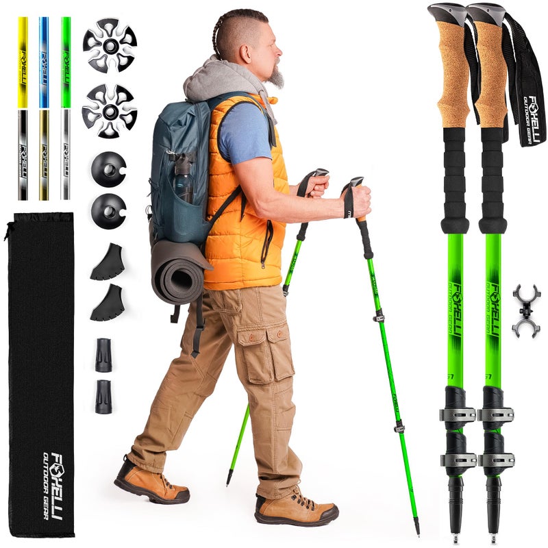 Foxelli Trekking Poles – Lightweight Collapsible Aircraft Grade Aluminum Hiking Poles with Cork Grips Quick Locks & All-Terrain Accessories – Pair of 2 - Image 1