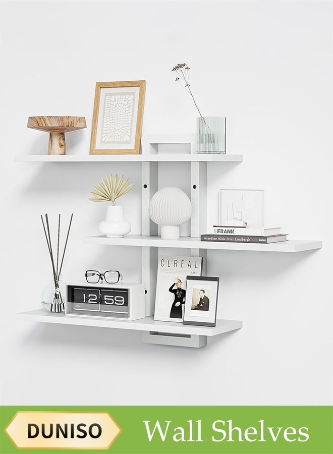 DUNISO Three-Layer Wooden Floating Shelf, Wall Storage Rack, Decorative Wall Shelf, Wall Shelf Punched One-Line Board Bookshelf Wall Storage Small Shelf, Suitable For Bedroom/Living Room/Bathroom/Kitchen/Office, White  - Image 1
