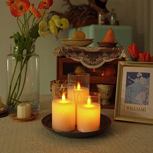 XERGY Glass Battery Operated Flameless Led Candles with 10-Key Remote and Timer, Real Wax Candles Warm White Flickering Light for Home Decoration(Pack of 3, White) - Image 1