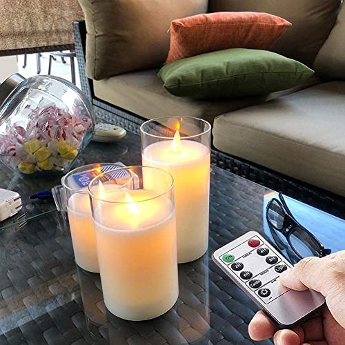 XERGY Glass Battery Operated Flameless Led Candles with 10-Key Remote and Timer, Real Wax Candles Warm White Flickering Light for Home Decoration(Pack of 3, White) - Image 3