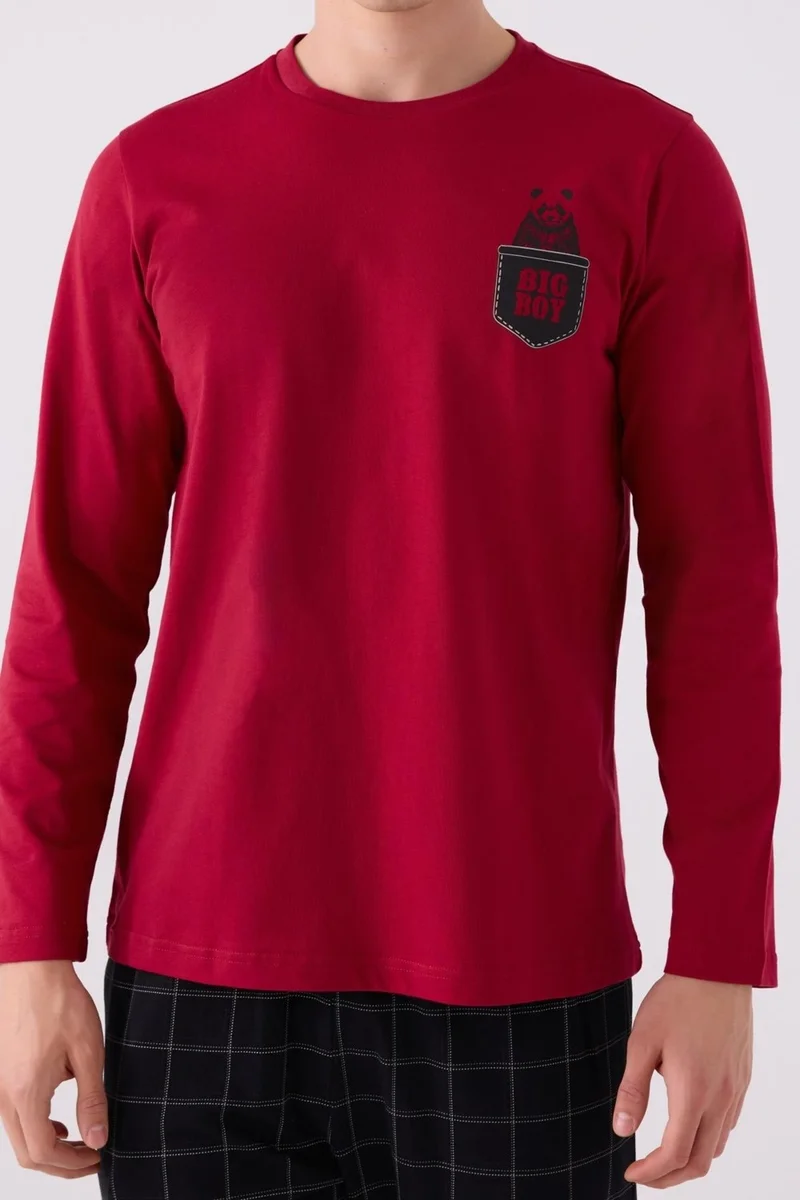 ارنيتا Men's Burgundy Plaid and Pocket Long Sleeve Pajama Set, Cotton