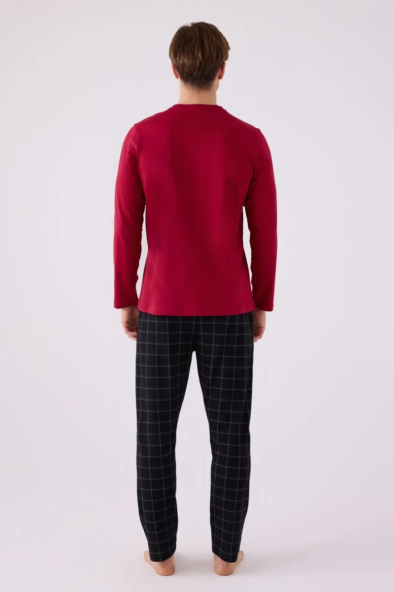 ارنيتا Men's Burgundy Plaid and Pocket Long Sleeve Pajama Set, Cotton