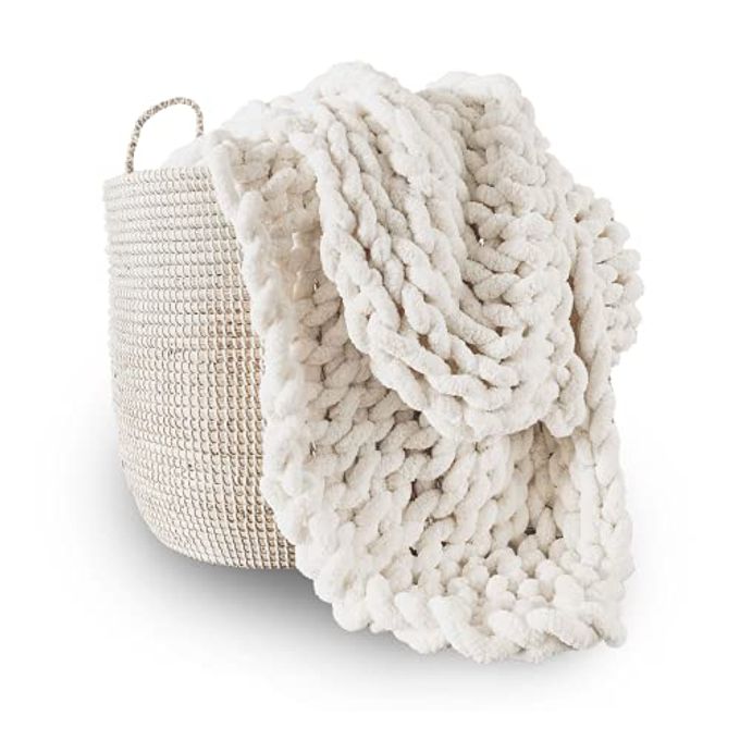 CHUNKY KNIT BLANKET THROW 100 HAND KNIT WITH JUMBO CHENILLE YARN 60X80 CREAM WHITE