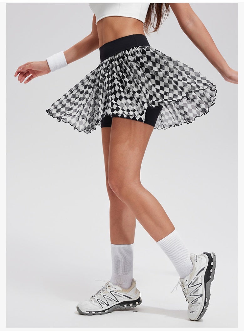 Women's  High Waist Mini Skirt Summer Contrast Plaid Mesh Sports Skort with Pockets Anti-light Golf Dance Skirt  - Image 2
