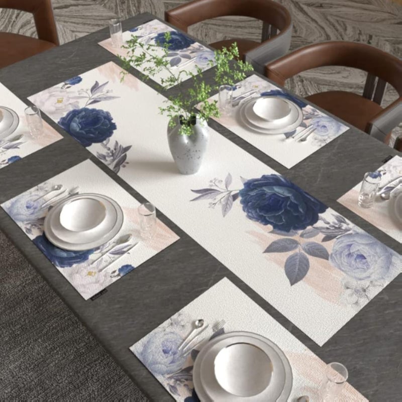 ART MOOD HOME Bloom Placemats Set Canvas Blue x White 45W x 30L 35W x 140L CM