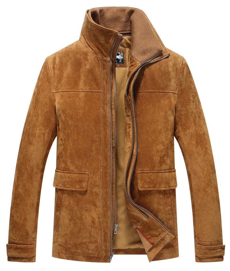 FLAVOR Mens Classic Leather Jacket Suede Winter Coat with Removable Collar XLarge Brown