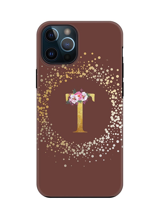 Stylizedd Monogram Tough Series for Apple iPhone 12 Pro Max Custom Initials Floral Pattern Tough Pro Dual Layer hybrid PC inner TPU protection Alphabet- T (Brown) - Image 1