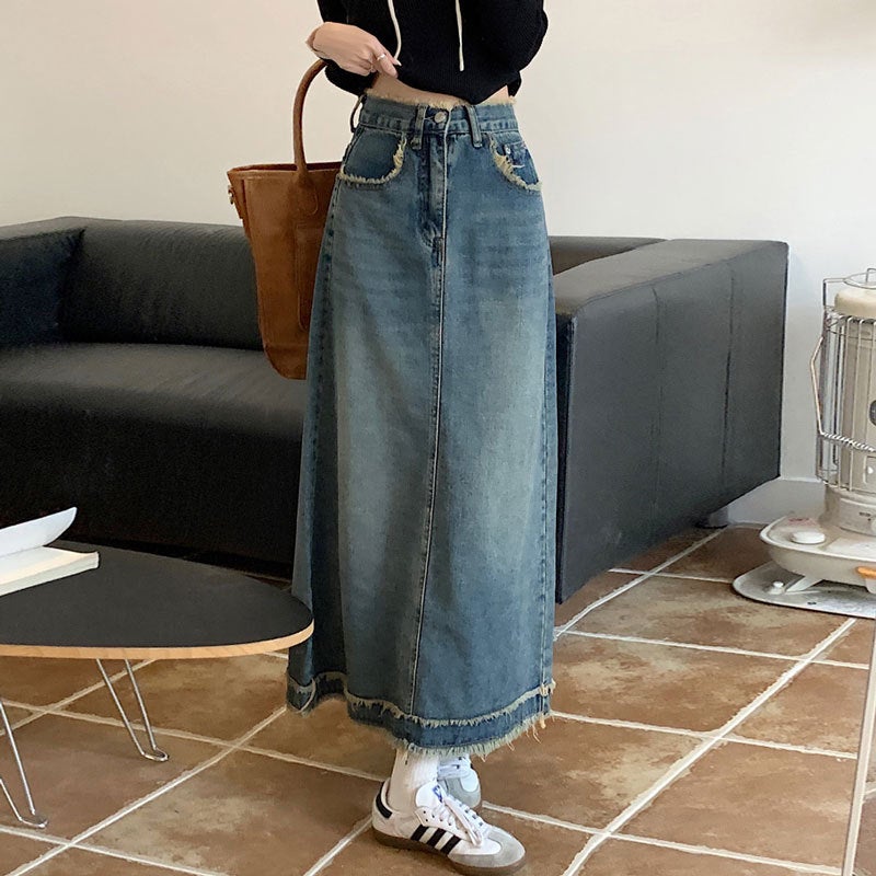 Frayed Retro Skirt For Women Ins Summer High Waist Mid-Length Skirt Niche Design Sense Internet Celebrity A- Line Sheath Denim Skirt For Women - Image 4