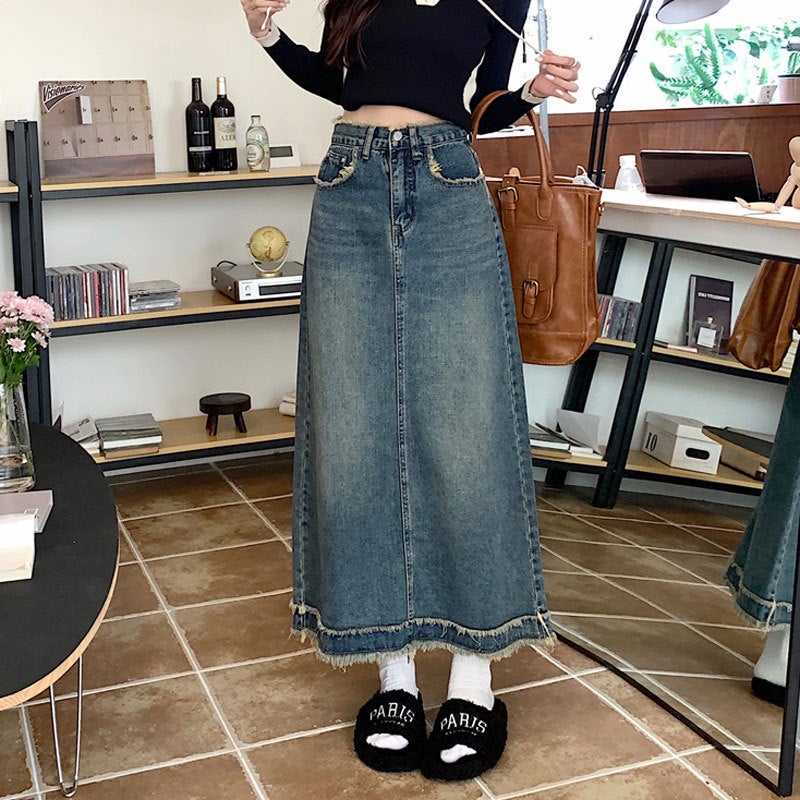 Frayed Retro Skirt For Women Ins Summer High Waist Mid-Length Skirt Niche Design Sense Internet Celebrity A- Line Sheath Denim Skirt For Women - Image 3