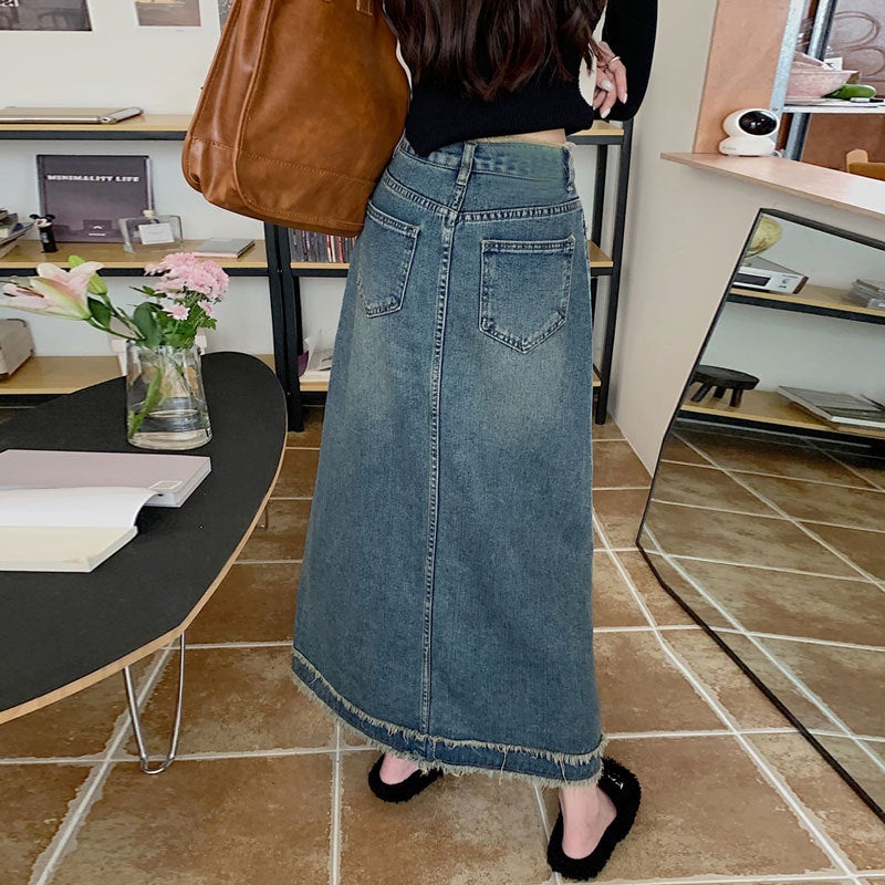 Frayed Retro Skirt For Women Ins Summer High Waist Mid-Length Skirt Niche Design Sense Internet Celebrity A- Line Sheath Denim Skirt For Women - Image 5