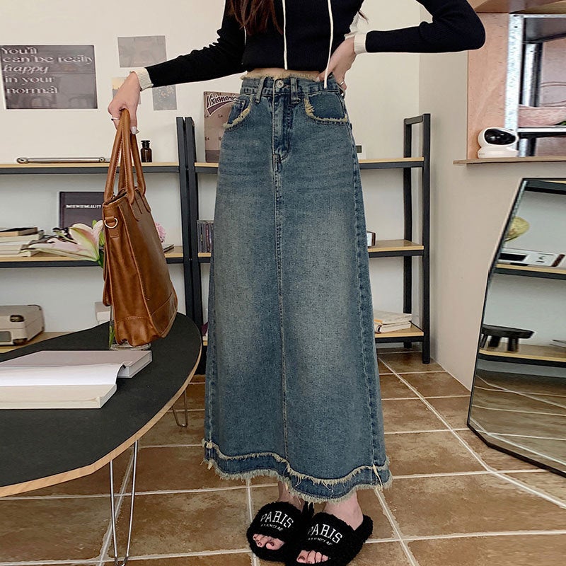 Frayed Retro Skirt For Women Ins Summer High Waist Mid-Length Skirt Niche Design Sense Internet Celebrity A- Line Sheath Denim Skirt For Women - Image 1